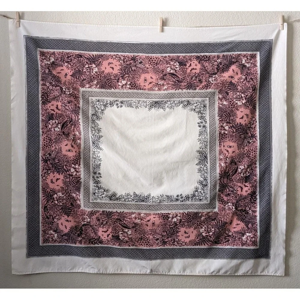 Vintage California Hand Prints Tablecloth Pink Gray Botanical Butterflies 1950s